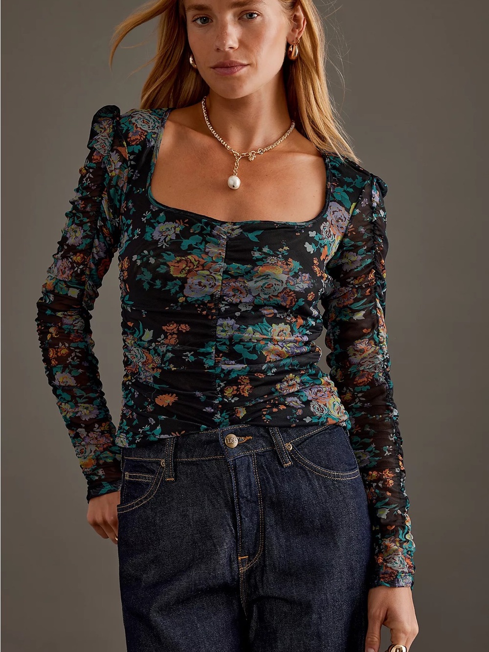 Anthropologie Black Mesh Floral Ruched Long Sleeve Top Whimsigoth Moody XXS